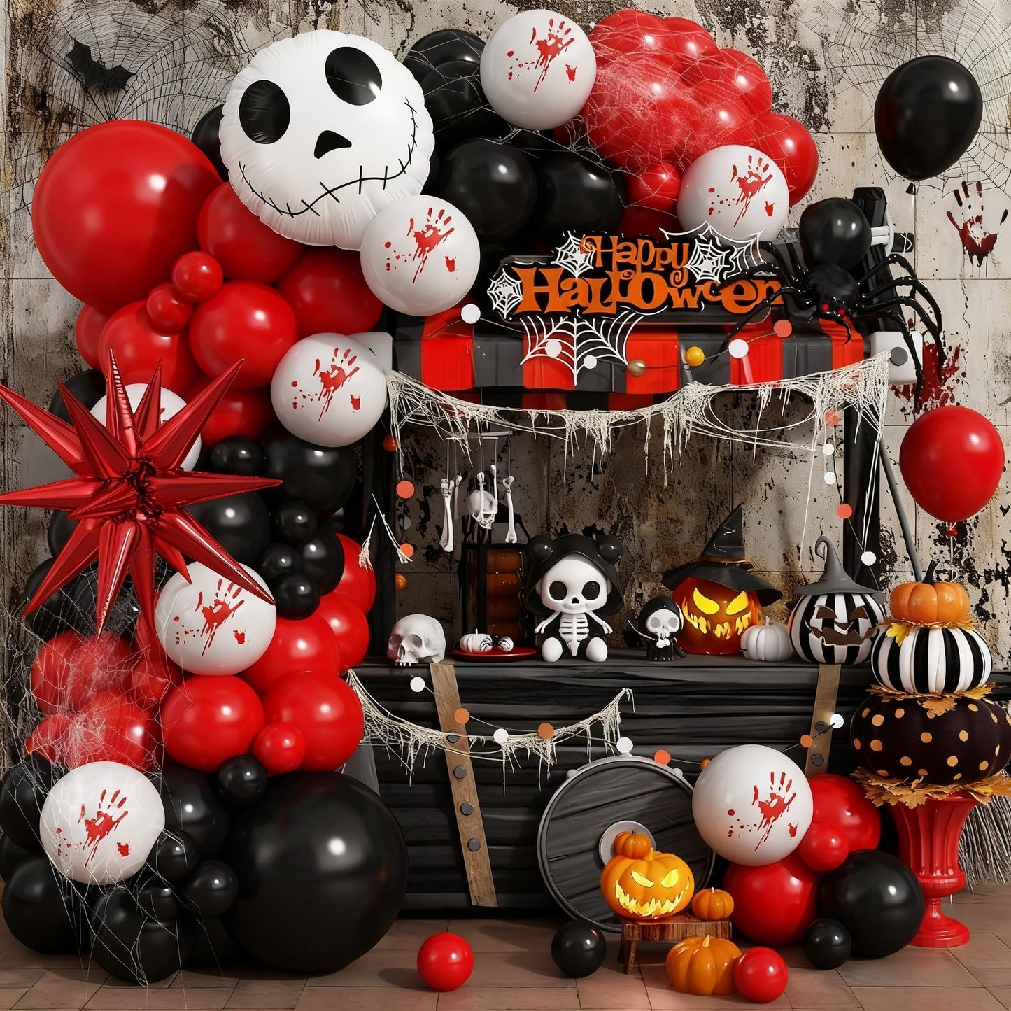 Halloween Balloon Arch Kit Bloody Balloons Garland Black and Red Balloon with Skull Face Explosion Star Foil Balloon for Nightmare Horror Theme Birthday Spooky Vampire Skeleton Cat Party Decorations