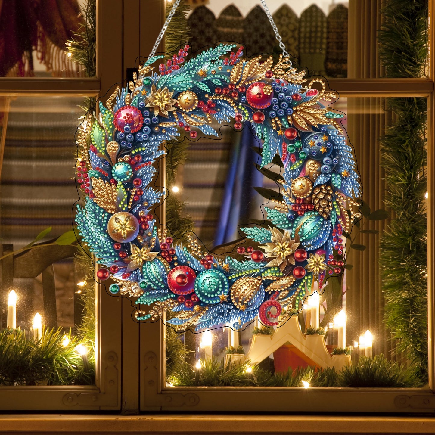 JJFox Diamond Art Hanging Kit for Adult,Special Shaped Rhinestone,DIY Acrylic Diamond Art Painting Window Pendants Home Garden Wall Hanging Kits Hanging Ornament,Double Sided (Christmas wreath2)