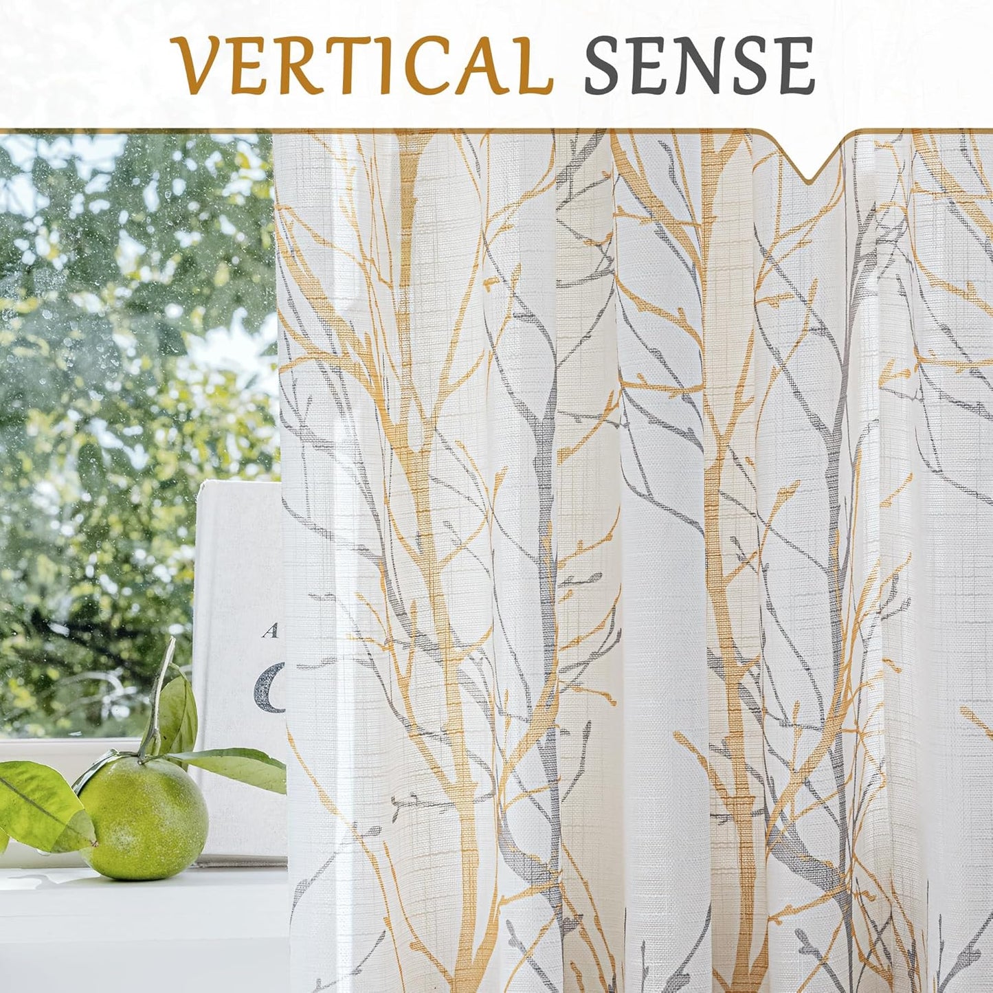 FMFUNCTEX White Sheer Front Door Curtains, 40 Inches Long Yellow Grey Print Branch Tree Half French Panel, 50 Inches