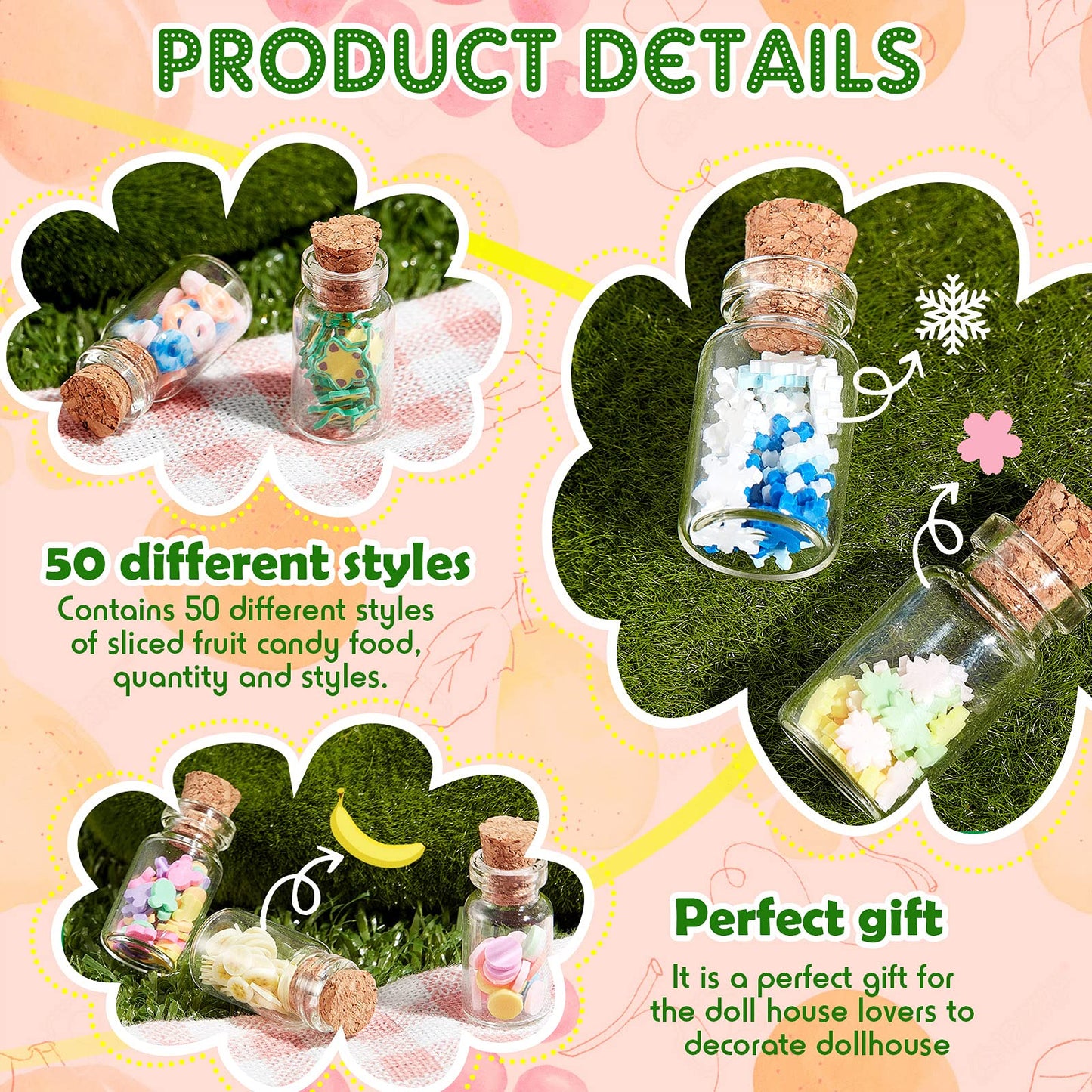 Sumind Cute Miniature House Food Jar Resin Bottle 1:12 Mini Fruit Simulation Scene Candy Snack Model Party House Kitchen Decoration for Houses(Candy,50 Pcs)