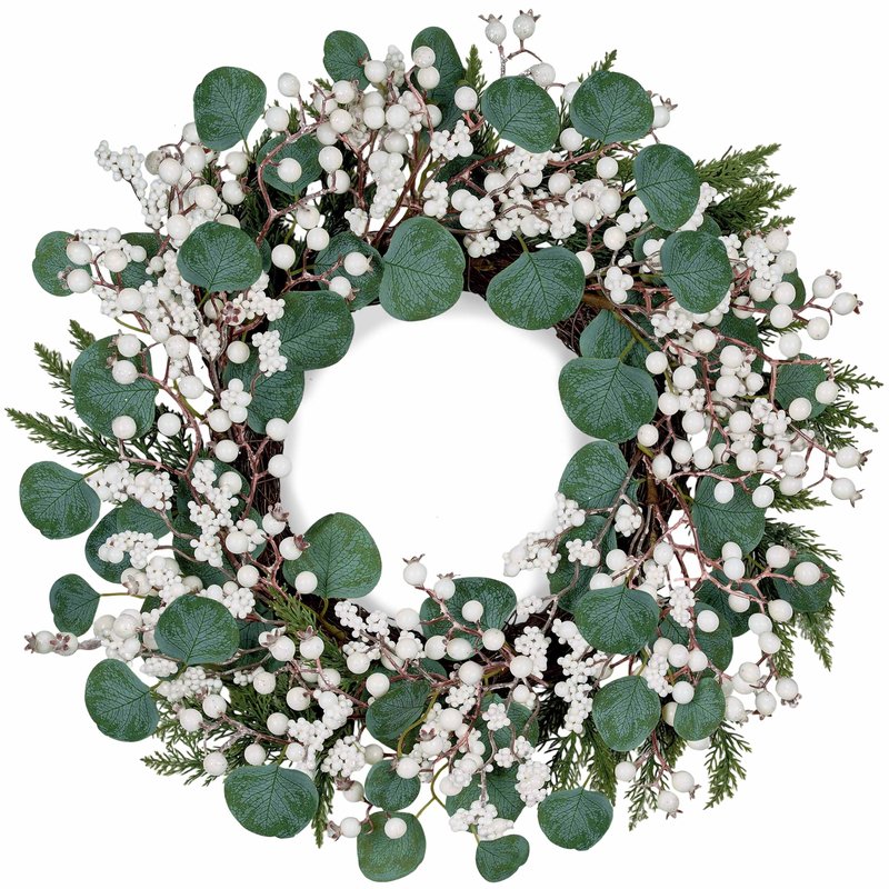 WSTPUPU Artificial Winter Wreath 22inch Christmas Wreaths for Front Door White Berry Wreath with Eucalyptus Leaves Pine Needles White Berries for Xmas Wall Farmhouse Window Winter Holidays