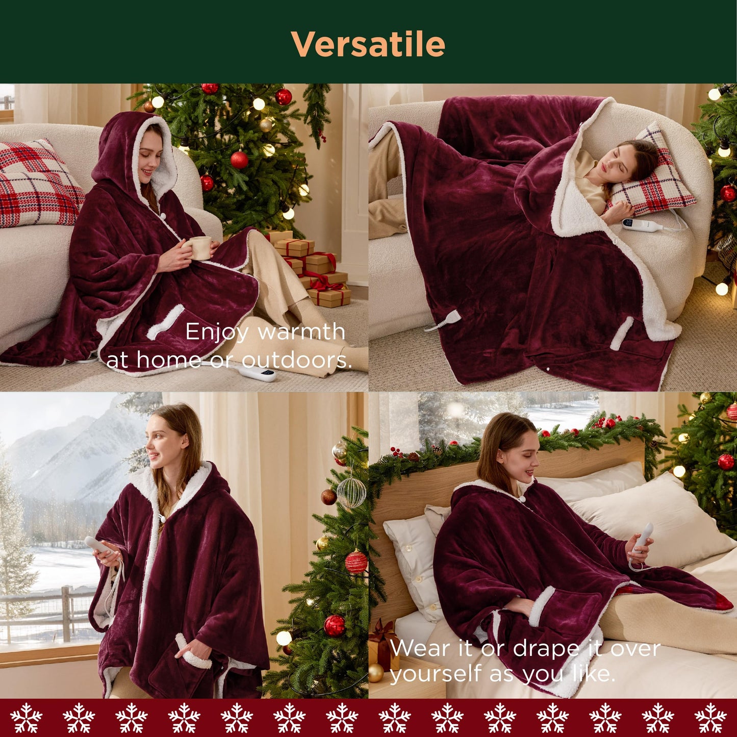 Bedsure Heated Blanket Wearable Shawl - Electric Wrap Poncho Blanket Hoodie for Adult, Birthday Gifts for Mom Women, Sherpa Heating Throw with 4 Time Settings & 6 Heat Settings, 55x64 inches, Grey