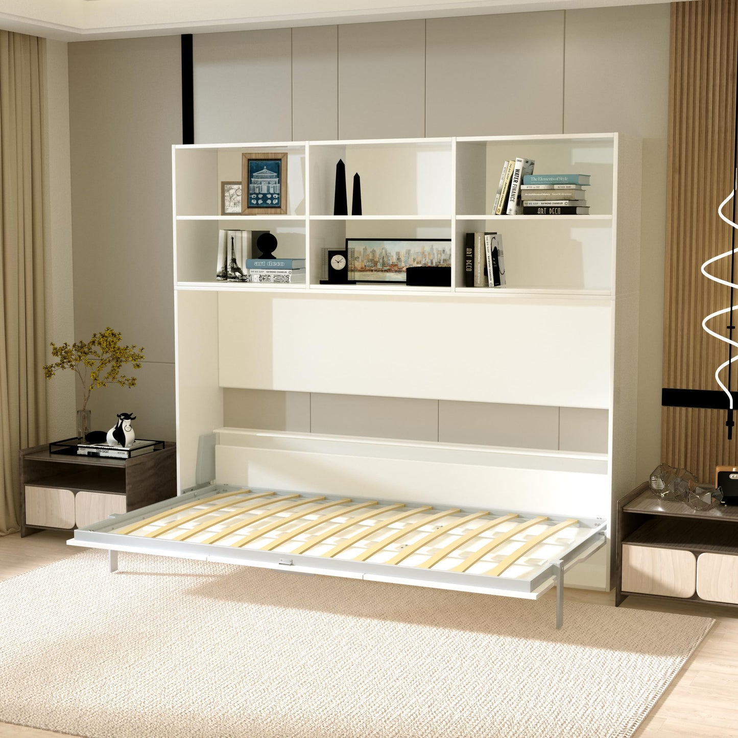 YOPTO Twin Size Horizontal Murphy Bed Chest with Double Layer Storage Shelf,Wood Hidden Cabinet Platform Bed W/Gas Struts,Space Saving,Wall Bed Frame for Bedroom,Guest Room,Apartment,White