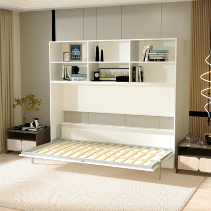 YOPTO Twin Size Horizontal Murphy Bed Chest with Double Layer Storage Shelf,Wood Hidden Cabinet Platform Bed W/Gas Struts,Space Saving,Wall Bed Frame for Bedroom,Guest Room,Apartment,White