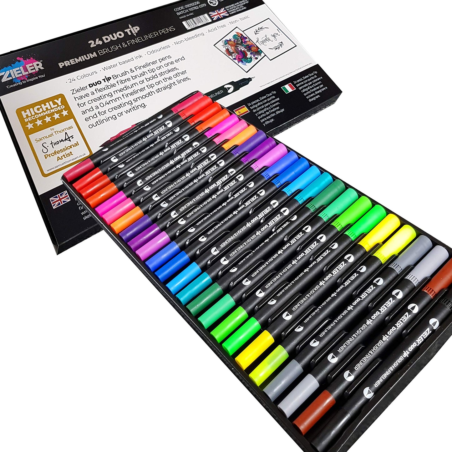 Zieler Fineliner Pens & Watercolour Brush Pens (Duo Tip, Set of 24) Ideal for Colouring, Drawing & Hand Lettering - 48 nibs - Vibrant Colours - Washable, Water-Based Ink