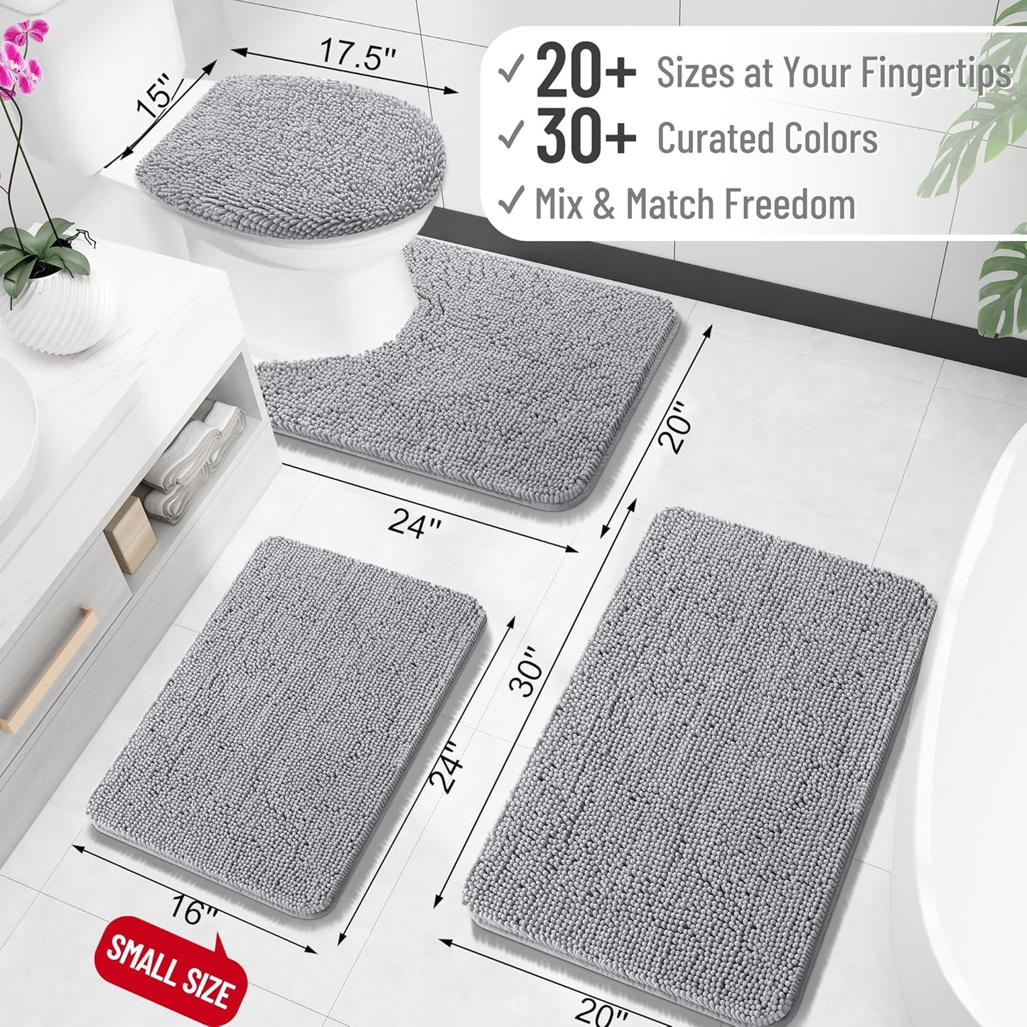 OLANLY Large Bath Rugs - Extra Soft Chenille, Quick-Dry & Machine Washable | 59x35 Inches, Grey