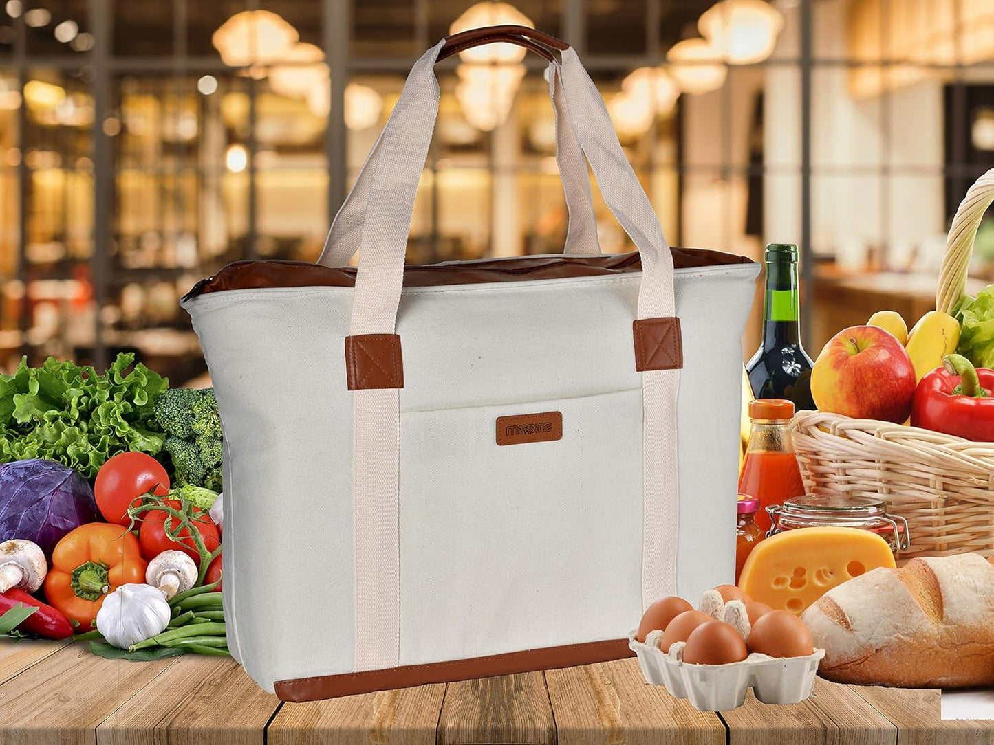 Insulated Grocery Bag with Zippered Top - Thermal Reusable Canvas Shopping Tote for Groceries - Leakproof Cooler Bags