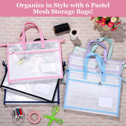 6Pcs Project Bags for Quilting, 13x10" Sewing Bag for Arts and Crafts Organizer Storage, Needlepoint Bag, Large Clear Mesh Design Zipper Folder with Handle for Craft Art Supply Sewing Pattern Storage