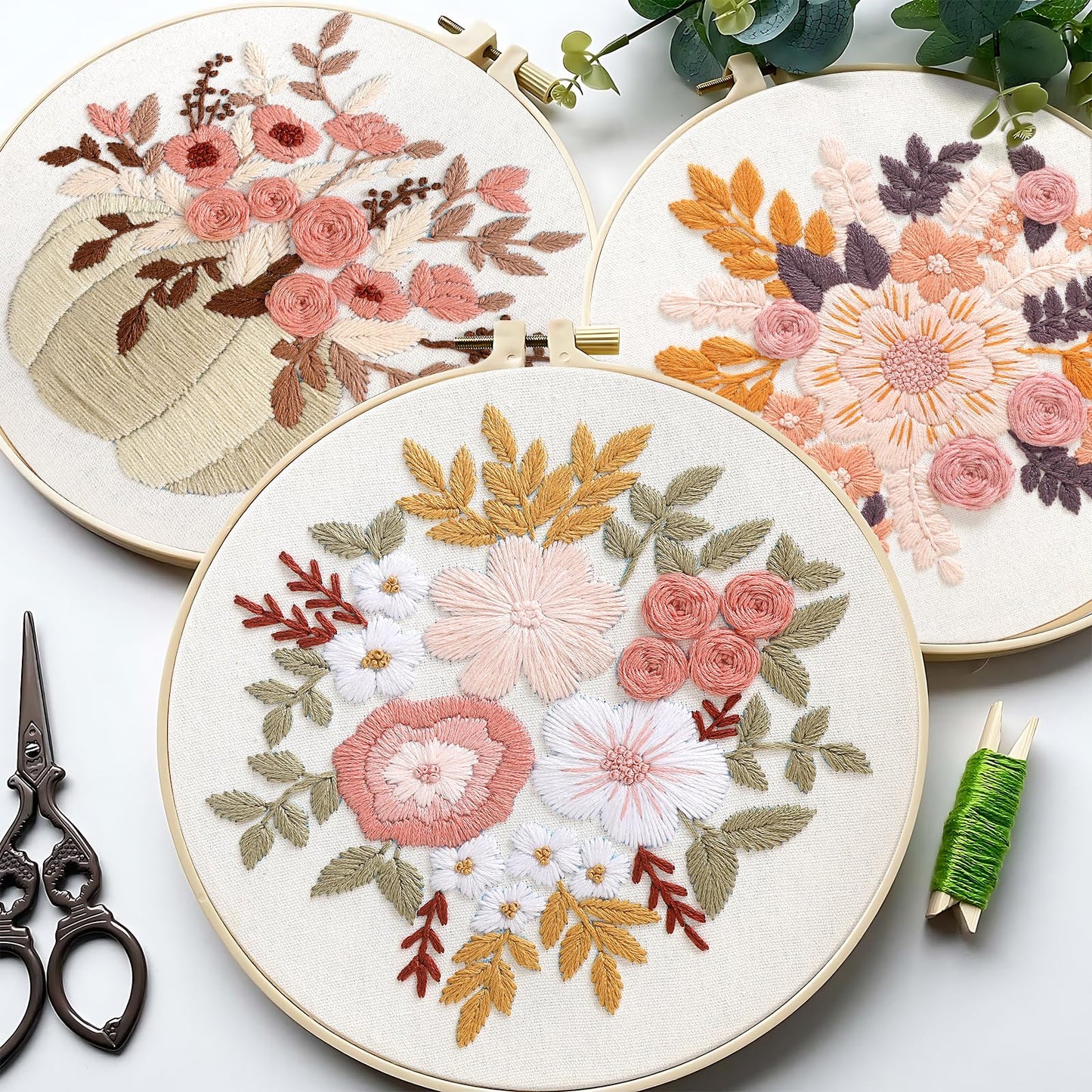 Sivilife Embroidery Kit for Beginners, 3 Sets Stamped Cross Stitch Kits for Beginner, Floral Pattern Embroidery Starter Kits for Adults with Embroidery Hoop Instructions Threads and Needles Scissors