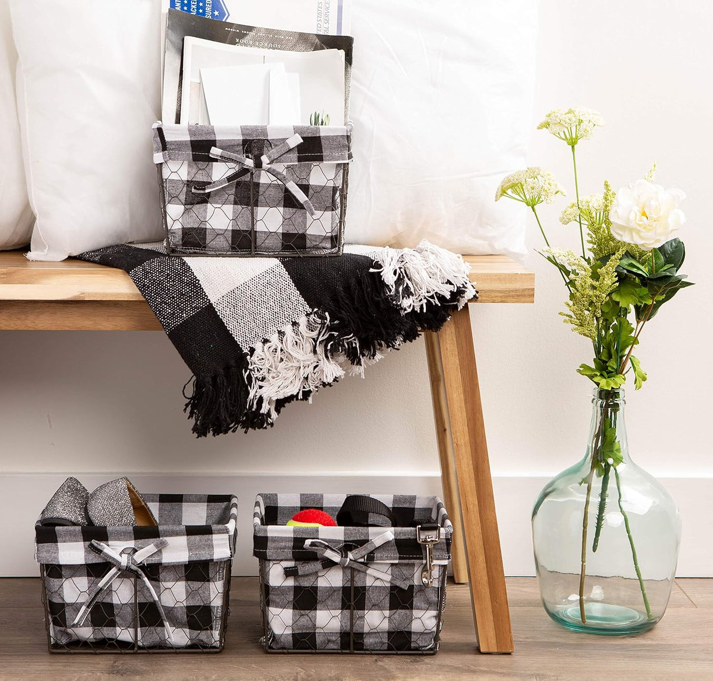 DII Farmhouse Chicken Wire Storage Baskets with Liner – Small, Vintage Black & White Check, 9x7x6", 3 Piece