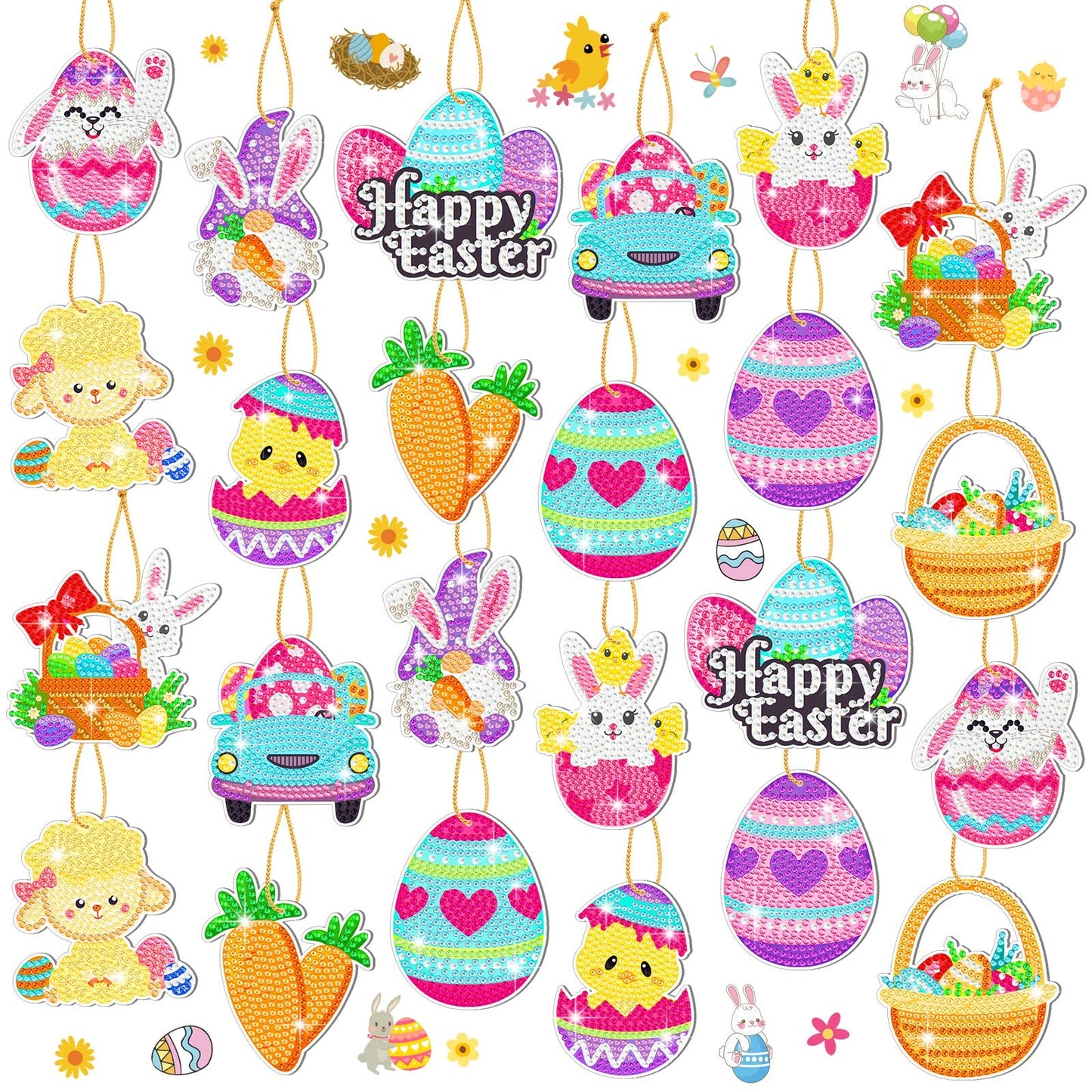 Frienda 24 Pcs Easter Diamond Painting Kits Easter DIY 5d Diamond Painting Keychains by Numbers Arts and Crafts for Adult Decorative Bunny Egg Ornament Decoration