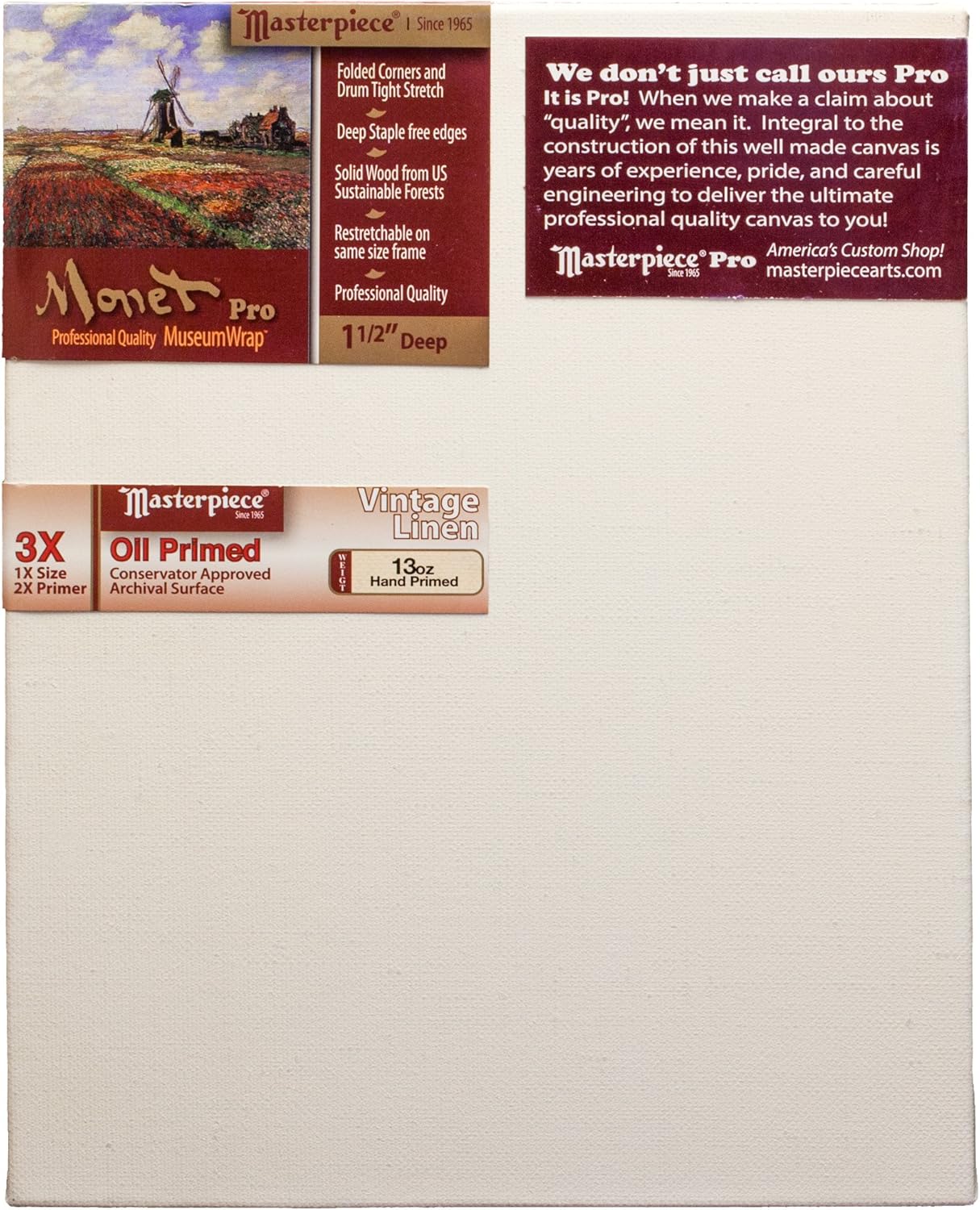 Masterpiece Artist Canvas 44109 Monet PRO, Vintage Oil Primed, 6" x 6", Linen 13.0oz, 1-1/2" Deep - 3X