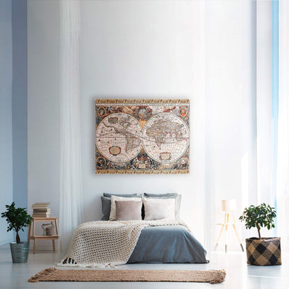 Antique Old World Map Geographica by Jan Janssonius | Woven Tapestry Wall Art Hanging | Beautiful Rustic Globe with Luxurious Mythology Designs | 100% Cotton USA Size 67x53