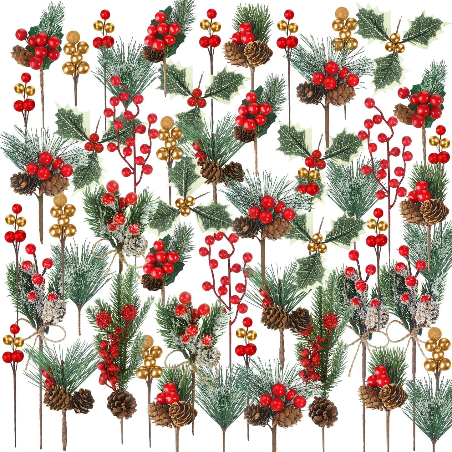 Riceshoot 42 Pcs Christmas Picks with Pine Cones Holly Berry Artificial Red Berries Stems Pine Branches Small Christmas Berry Picks for Crafts Wreath Garland Decoration