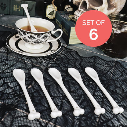 Set of 6 Ceramic Bone Spoons, Spooky Valentines Day Gifts, Goth Decor, Skull Spoon for Gothic Tea Set