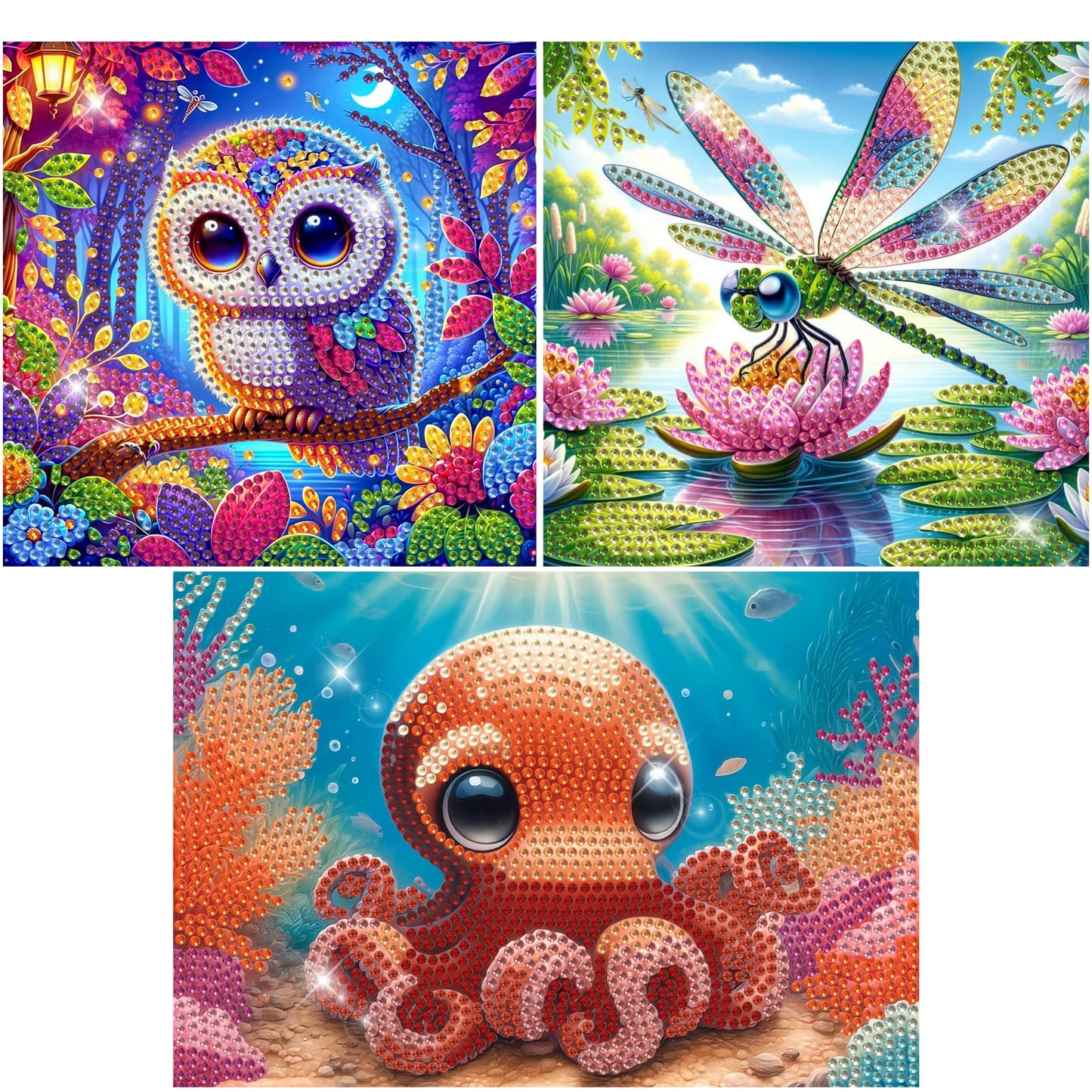 Modern Merch Small Diamond Art Packs Owl Octopus & Dragonfly, Animal Diamond Dots for Adults, Jewel Art Painting Kits, Mini Gem Arts and Crafts for Adults, Round Drill 3 Pack Partial Drill
