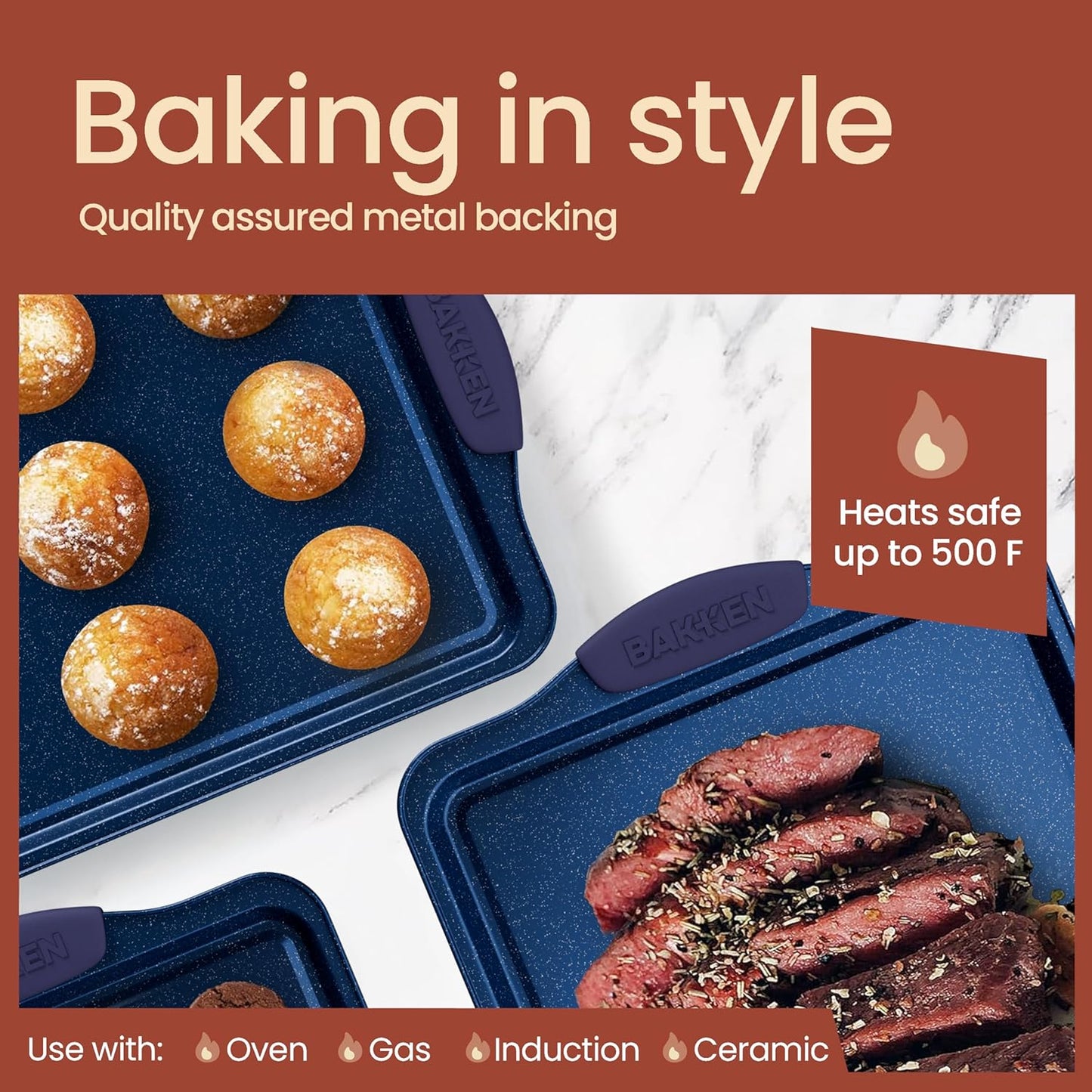 Set Sets 450 Set 3 BAKKEN Kitchen Baking Pan - Nonstick Coating, Carbon Steel Bakeware with Blue Silicone Handles