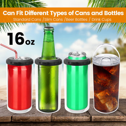 Joyclub 4 Pack 16oz Sublimation Beer Can Cooler Blanks 4 in 1 Stainless Steel Cups Double Wall Insulated Tumblers with Splashproof Lid, Non-slip Silicone Base