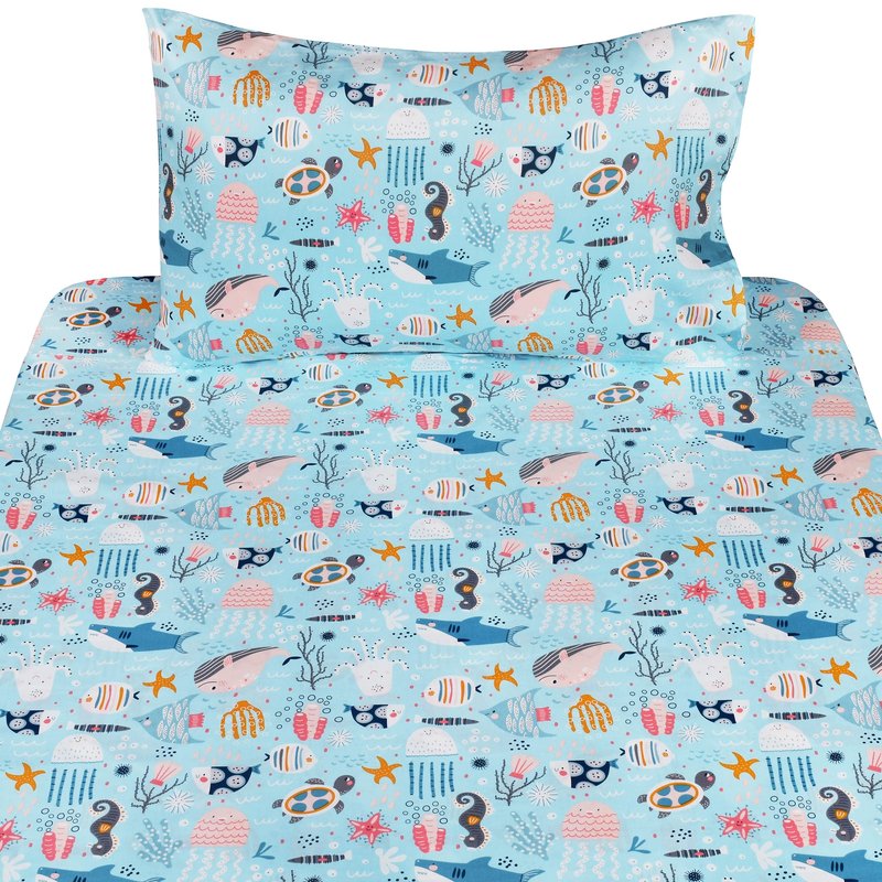 J-pinno Underwater Animals Sea Fishes Turtle Shark Dolphin Twin Sheet Set Gift 100% Cotton Flat Sheet + Fitted Sheet + Pillowcase Bedding Set for Unisex Boys Girls