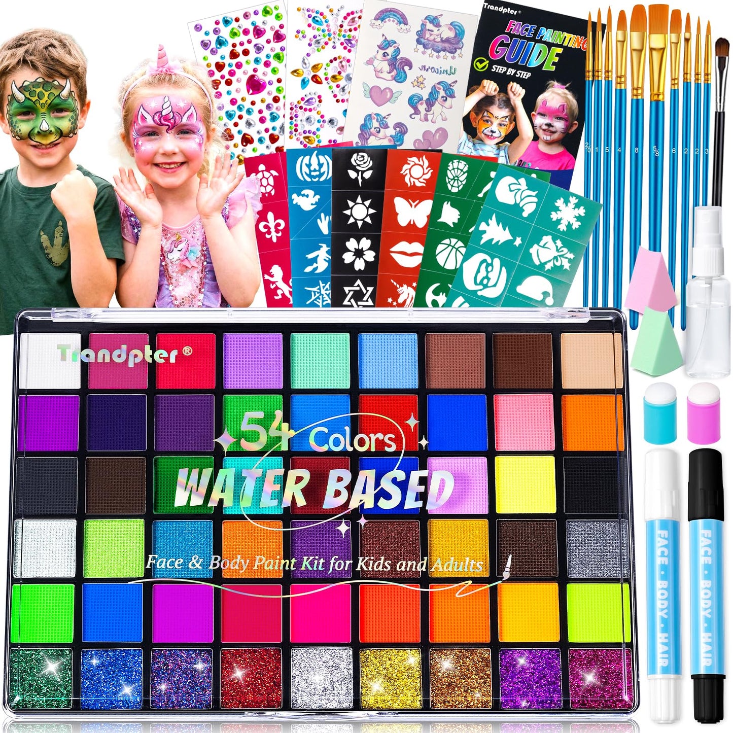 Trandpter 54 Color Face Painting Kit for Kids, Non-Toxic Face Paint Makeup Kit| with Stencil, Guide Book, Easy to Use and Washable Facepaint Makeup Kit for Halloween, Cosplay, School Event
