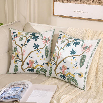 Embroidered Decorative Throw Pillow Covers, 18x18 Inch Pack of 2, Farmhouse Spring Tree Flower Pillowcase