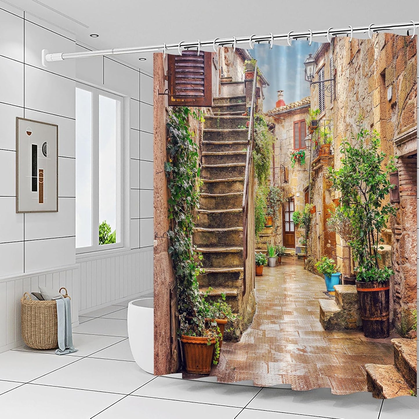 Italian Architectural Landscape Shower Curtain, European Old Mediterranean Street Design, Vintage Country Bathroom