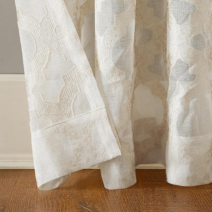 No. 918 Yvette Trellis Jacquard Sheer Curtain Panel, 52" x 84", Cream Off-White Rod Pocket
