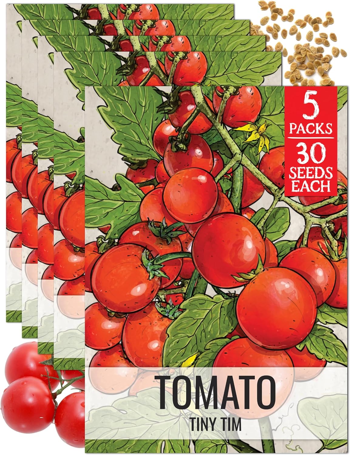 (5 Packs) Seed Needs Tiny Tim Tomato Seeds for Planting Dwarf Cherry Tomatoes - Non-GMO Heirloom & Untreated Veggie