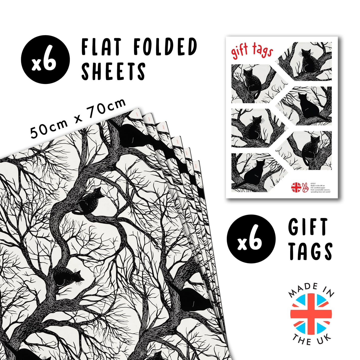 CENTRAL 23 Cat Wrapping Paper - 6 Sheets Of Gift Wrap - Black Cats In Trees - Gothic Spooky Halloween - Fall Wrapping Paper For Men Women - Comes With Stickers - Recyclable