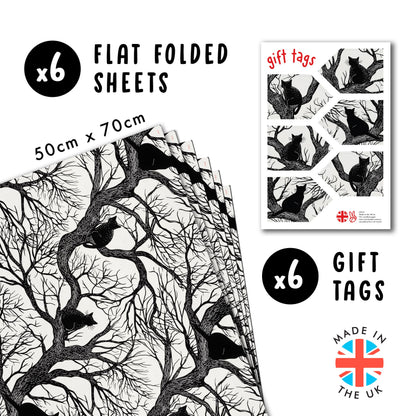 CENTRAL 23 Cat Wrapping Paper - 6 Sheets Of Gift Wrap - Black Cats In Trees - Gothic Spooky Halloween - Fall Wrapping Paper For Men Women - Comes With Stickers - Recyclable