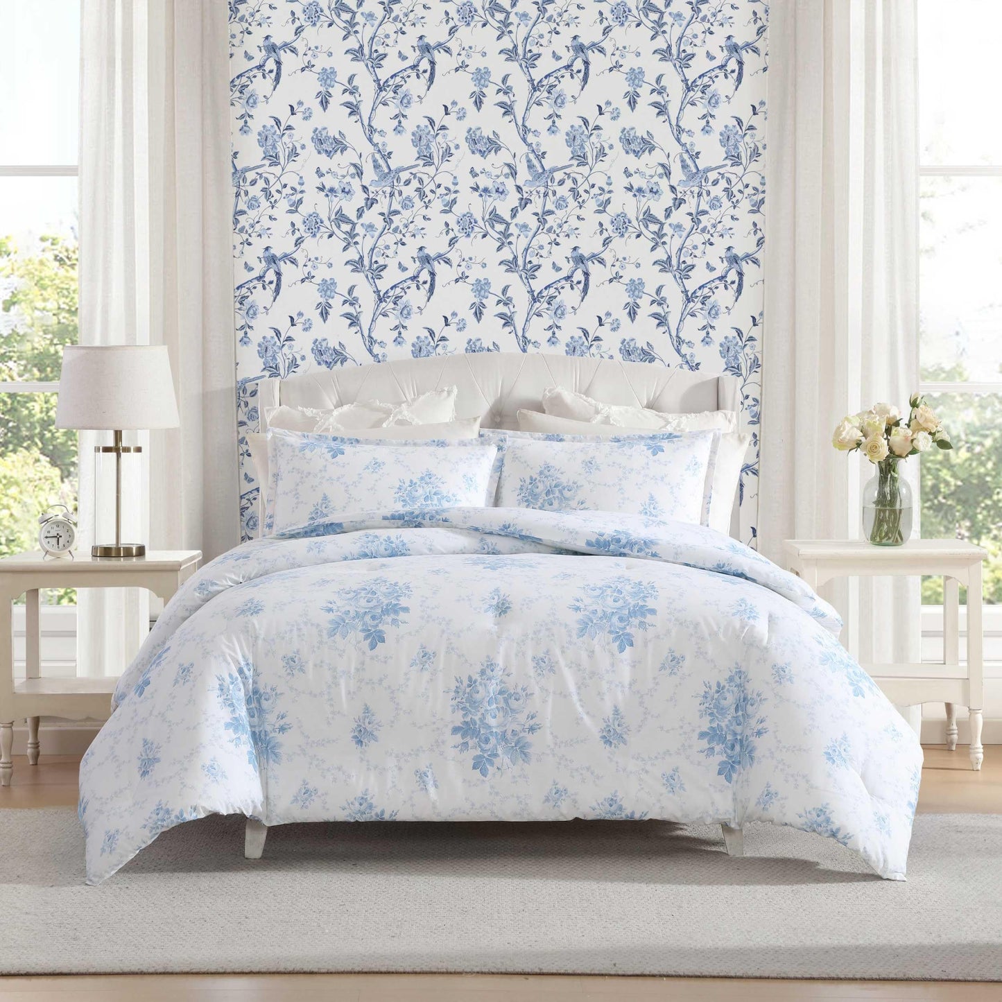 Laura Ashley - Full/Queen Duvet Cover Set, Plain Weave Cotton Bedding with Matching Shams, Button Closure, Lightweight for Year Round Use, Oeko-Tex Certified (Sophia Blue)