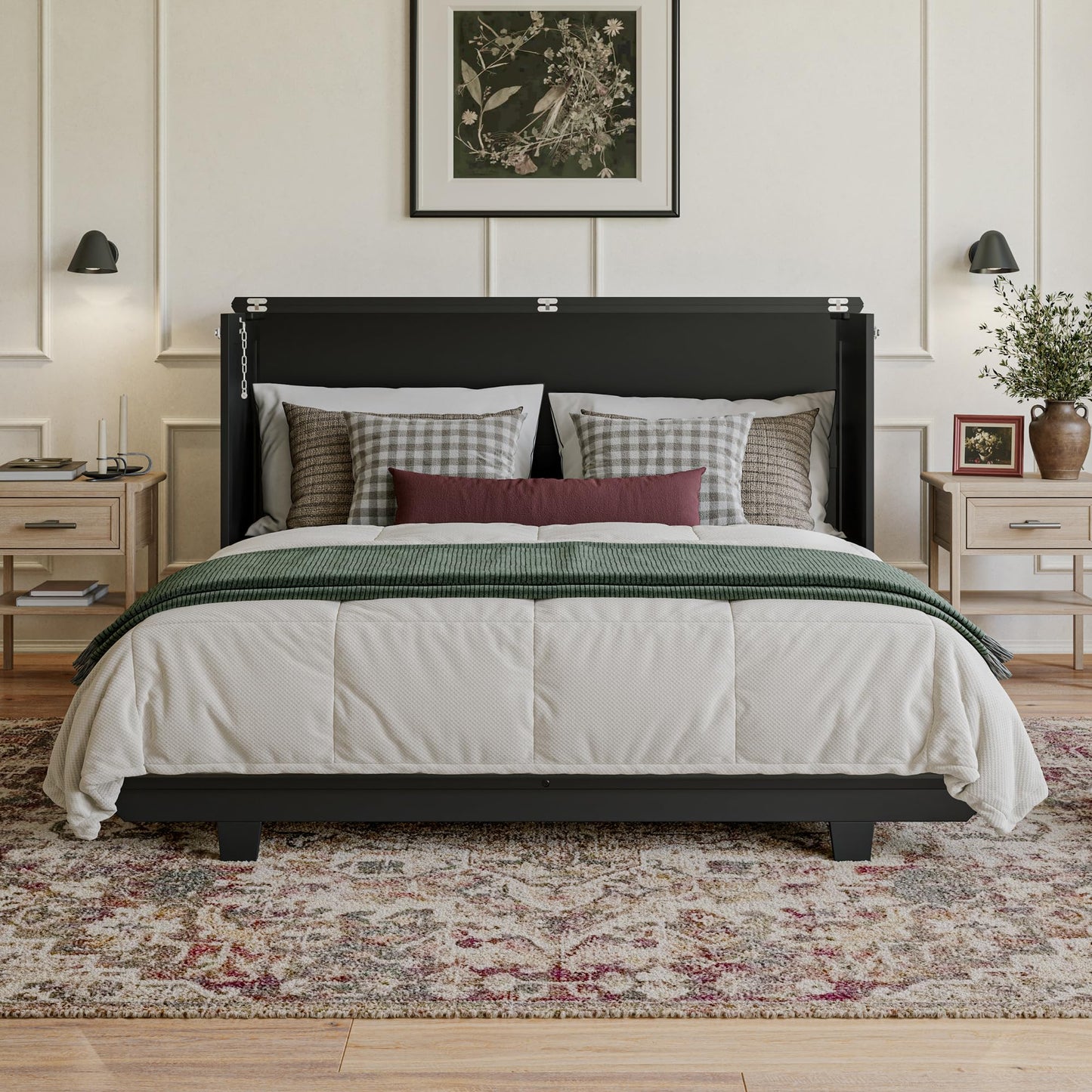 AFI, Charleston Queen Wood Murphy Bed Chest with 6" Mattress, Black