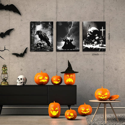 Framed Dark Gothic Canvas Wall Art Set of 3, Creepy Witchy Halloween Wall Decor Paintings, Crow and Skull Goth Aesthetic Posters Prints for Living Room Bedroom Bathroom Home Decor 12x16In