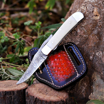 BE BREAK EDGE Handmade Damascus Steel Russlock Folding Knife with Yellow Striped Handle and Leather Sheath