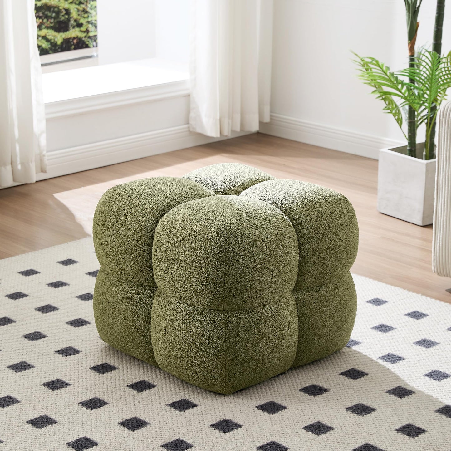 Zesthouse Square Pouf Ottomans Footstool Set of 2, Upholstered Poofy Ottoman for Couch Sofa, Modern Vanity Chair Backless for Living Room, Green Boucle Stool Foot Rest, Fabric Ottoman Coffee Table