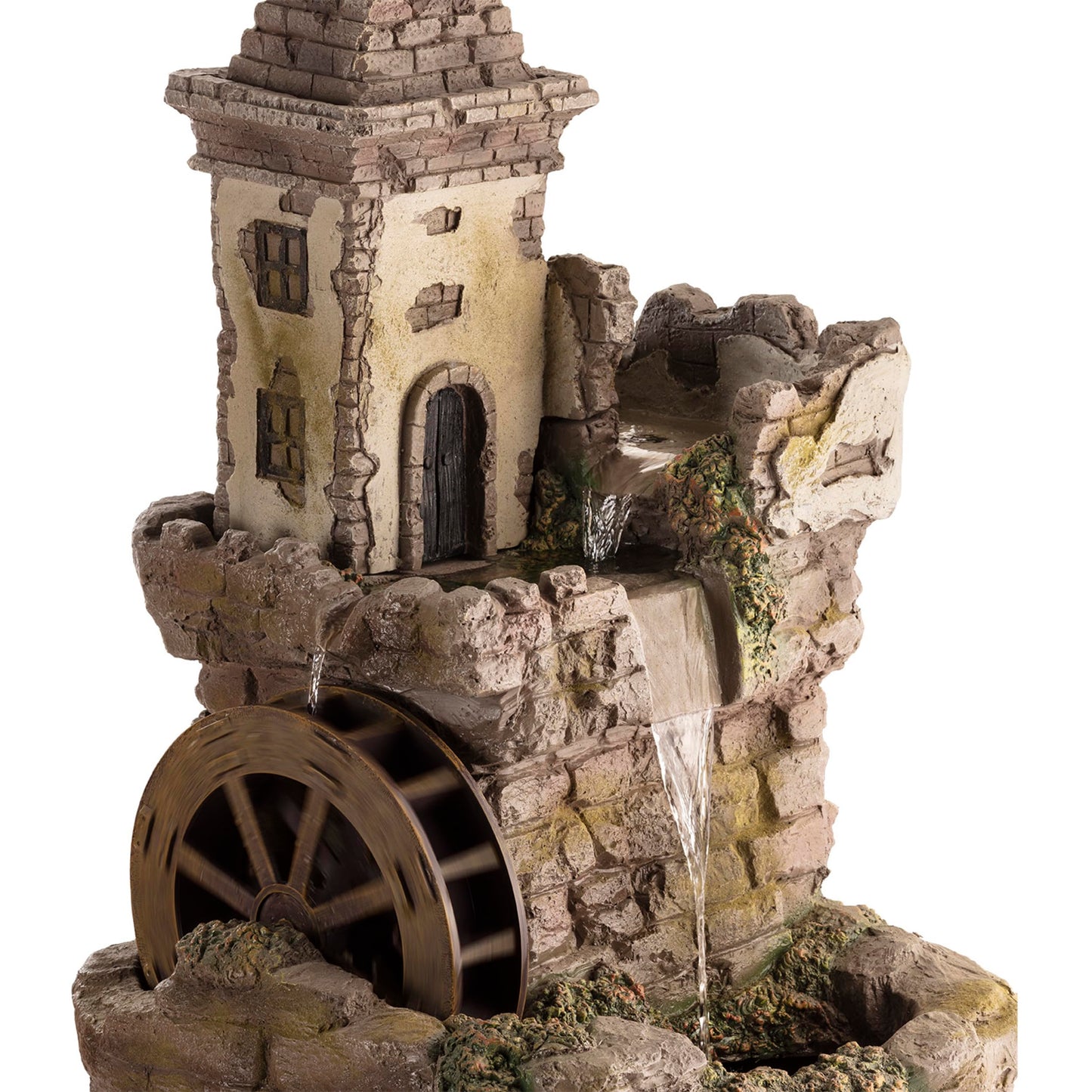 Alpine Corporation USA1164 Outdoor Floor Tiered Fairy Castle Waterwheel Water Fountain with Realistic Stone Look, 35", Brown