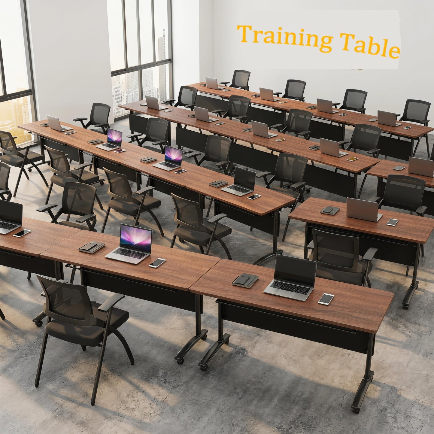 JNMDLAKO Modular Folding Conference Table with Locking Wheels, 10 Pack Flip Top Mobile Training Table, Modern Meeting Seminar Tables for Office, Hotel Conference Room(10,Walnut,55" L x 21" W x 29" H)