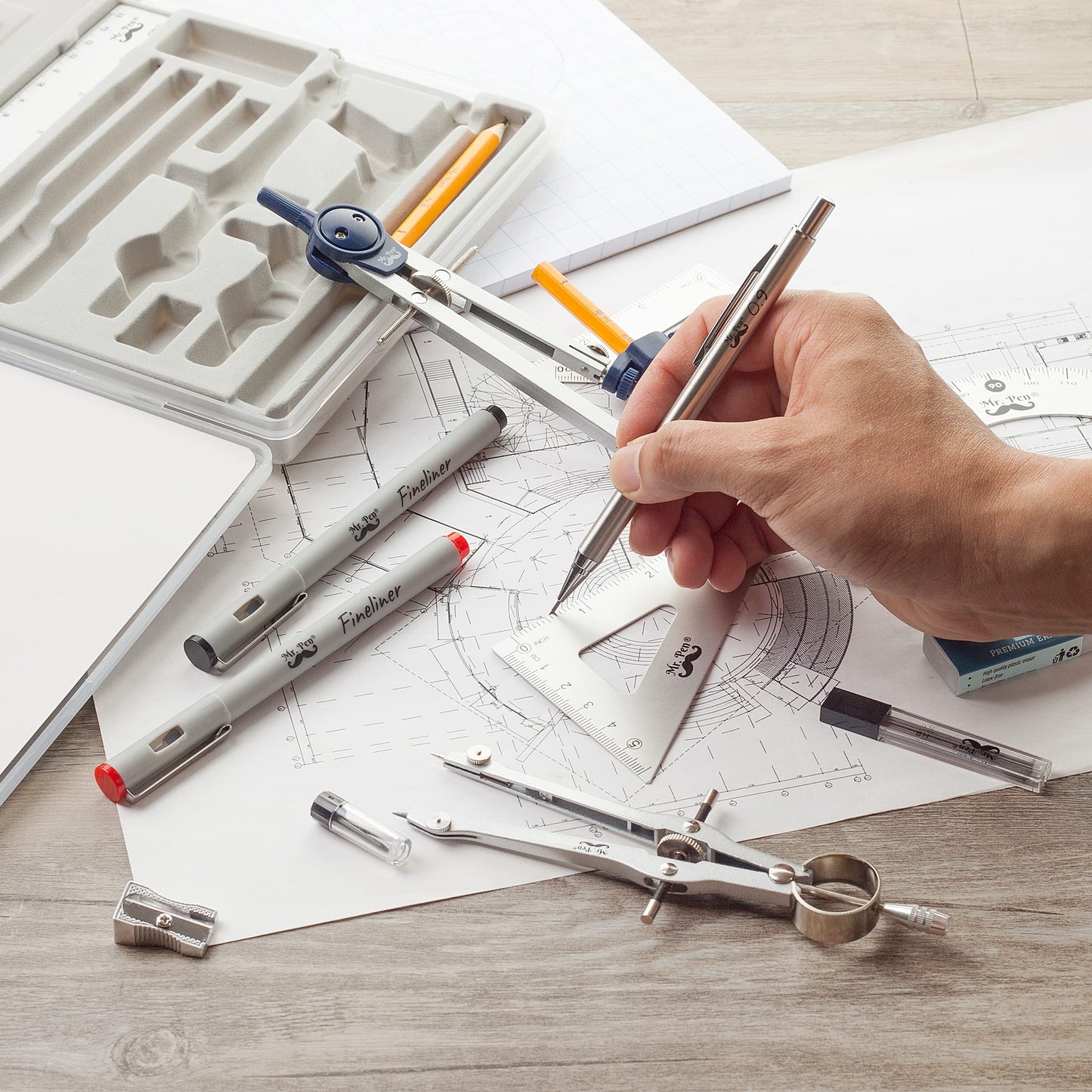 Mr. Pen- Professional Geometry Set, 15 pcs, Drafting Tools with Protractor, Compass, Metal Ruler, Triangles, Pens & Pencils, Complete Geometry & Drafting Kit for Architects, Engineers & Students