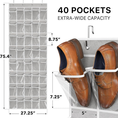 Simple Houseware Over The Door Shoe Organizer - 40 Large Clear Pockets, Gray (75.4'' x 27.25'')