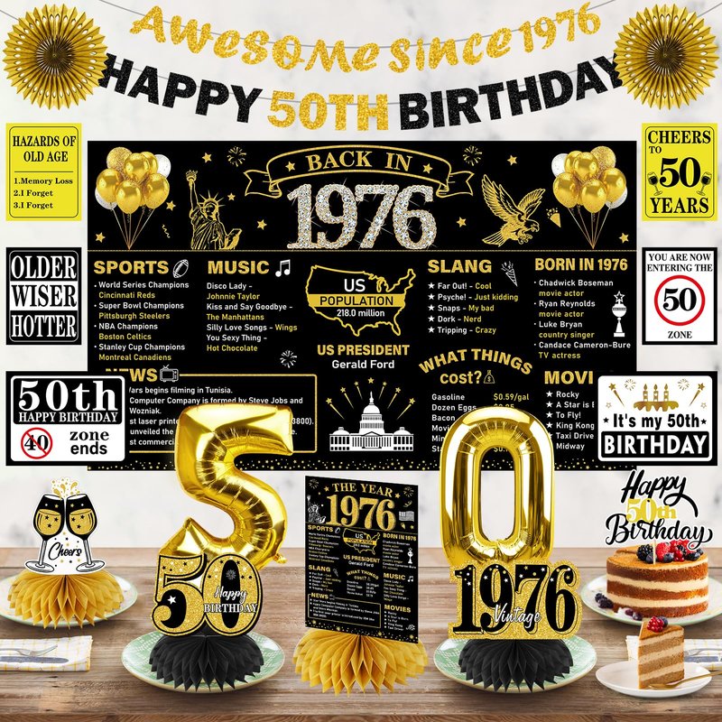 Turypaty 1976 50th Birthday Decorations for Men Women, Black Gold Happy 50 Years Old Birthday Banner Backdrop Wall Sign Balloons Sash Table Cake Topper Honeycomb Centerpieces Paper Fans Party Supplies