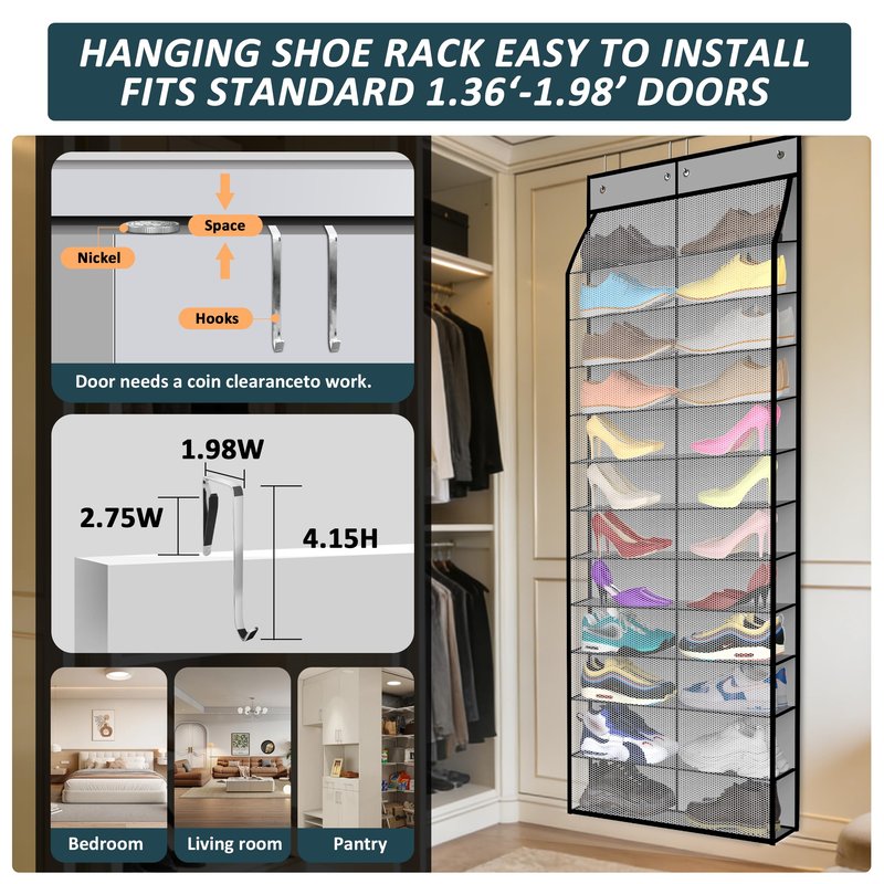 Kotkn 24-Pair Over Door Shoe Organizer for Family & Kids, Double Sided | Hanging Storage for Sneakers, Boots, Toys & Room Organization-Graphite Gray