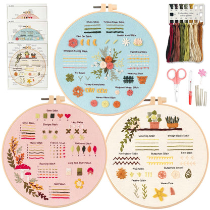 Myfilicity Embroidery Beginners Stitch Practice kit, 3 Embroidery Starter Kits, Learn 30 Different Stitching Techniques for Craft Enthusiasts to Hand-Stitch Fabric and Learn Embroidery Skills…