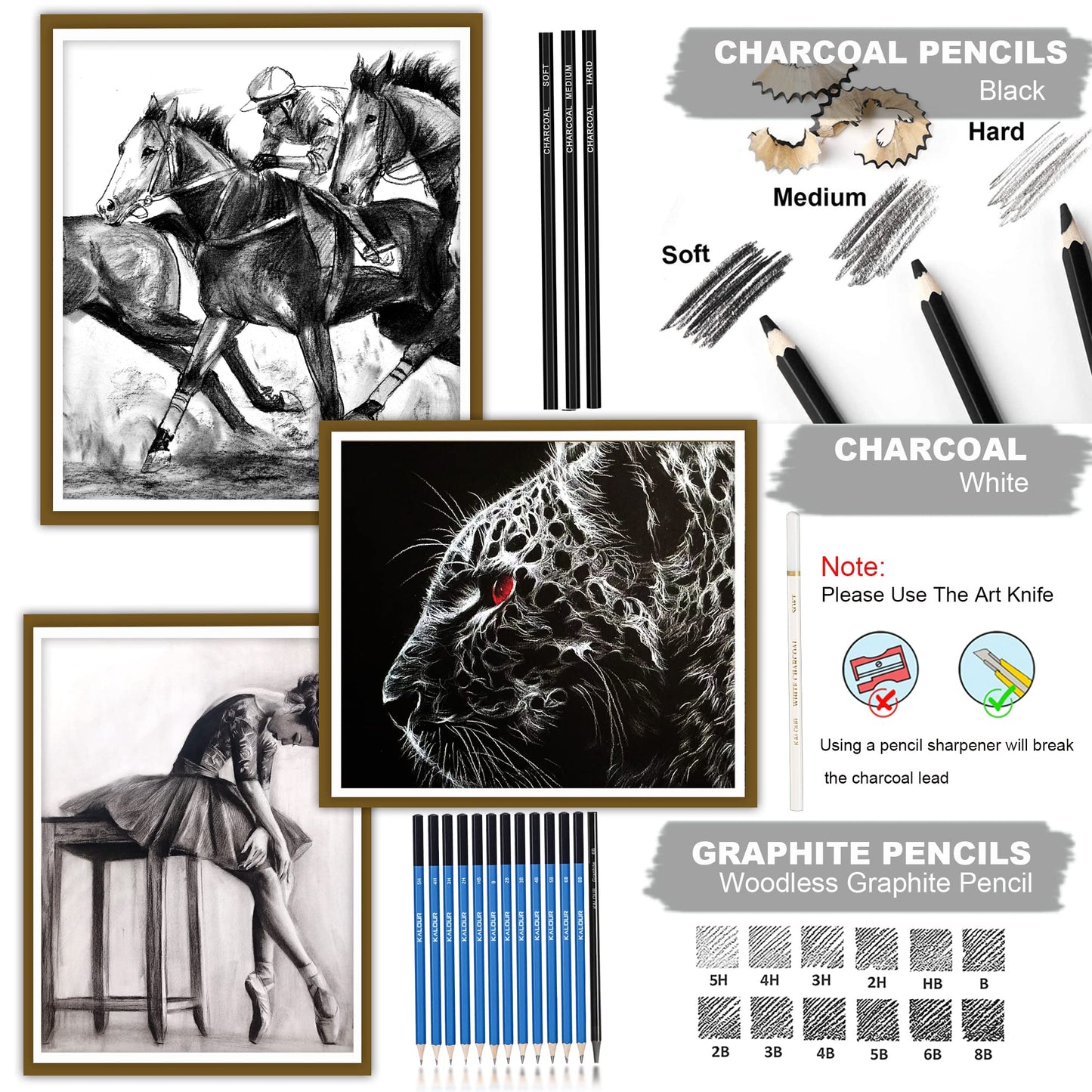 KALOUR 33 Pro Drawing Kit Sketching Pencils Set,Portable Zippered Travel Case-Charcoal Pencils, Sketch Pencils, Charcoal Stick,Sharpener,Eraser.Art Supplies for Artists Beginner Adults Teens
