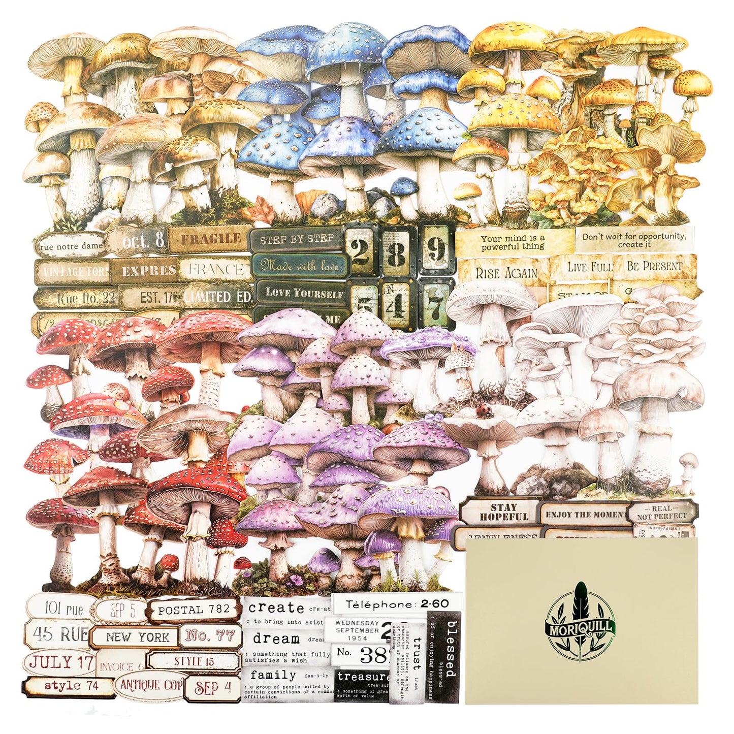 Moriquill 150PCS Mushroom & Text Label Stickers Set, Retro Botanical Specimen Die-Cut Pack – Writable White Kraft, Peel & Stick for Scrapbooking Journals Collage DIY Crafts Décor