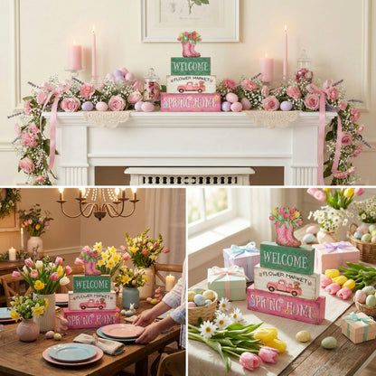 Golibra Spring Decorations, 4 Pcs Wooden Spring Table Decorations, Farmhouse Rain Boots Tiered Tray Decor, Wooden Table Sign for Desk Shelf Mantel Coffee Bar, Indoor Home Decor