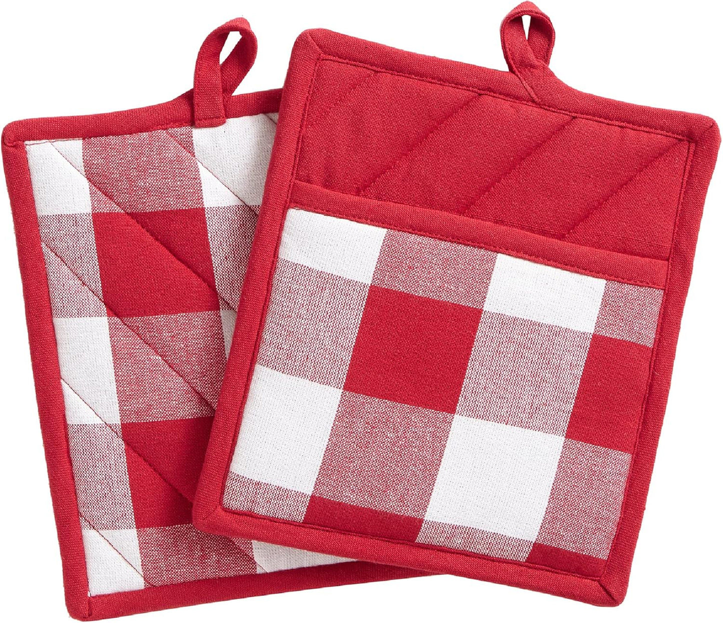 Elrene Home Fashions Farmhouse Living Buffalo-Check Pot-Holder Set, Rustic Kitchen Pot Holders, Set of 2, Red/White