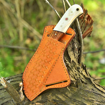 Trade Scorpio Handmade Damascus Lineman Hawkbill knife, Skinnning Knives, With Leather Sheath, Fixed Blade Knife, electrician knife with Bone Handle (Bone)