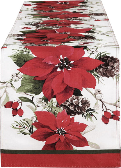 Newbridge Christmas Blooming Poinsettia’s Double Bordered 70 Inch Long Table Runner, Holiday Red and White Poinsettia