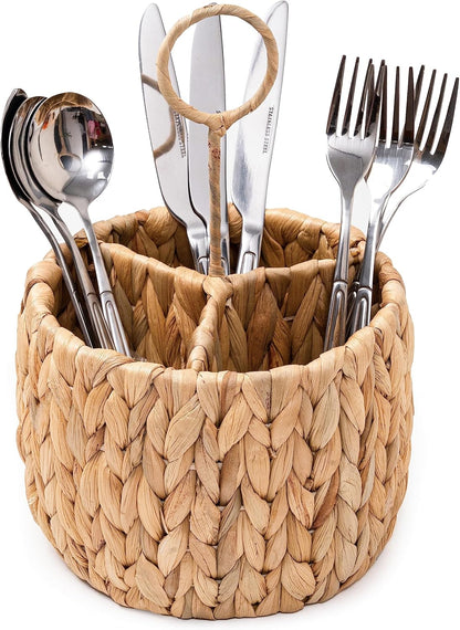 KOLWOVEN Wicker Flatware Organizer - Kitchen Utensil Holder for Countertop, Silverware Caddy with 3 Compartments