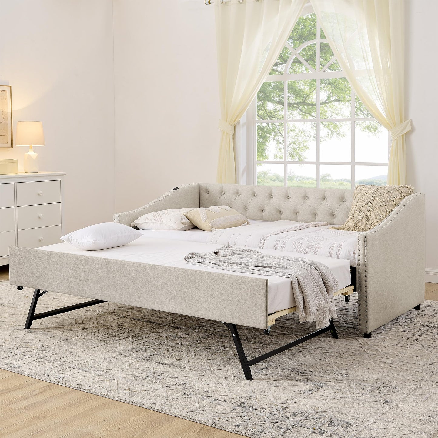 Ball & Cast Twin Size Upholstered Daybed with Pop Up Trundle & USB Port,Twin to King Daybed Frame with Button Tufted Backrest & Nailhead Trim Design, Extendable Trundle Bed,No Box Spring Neeed,Beige